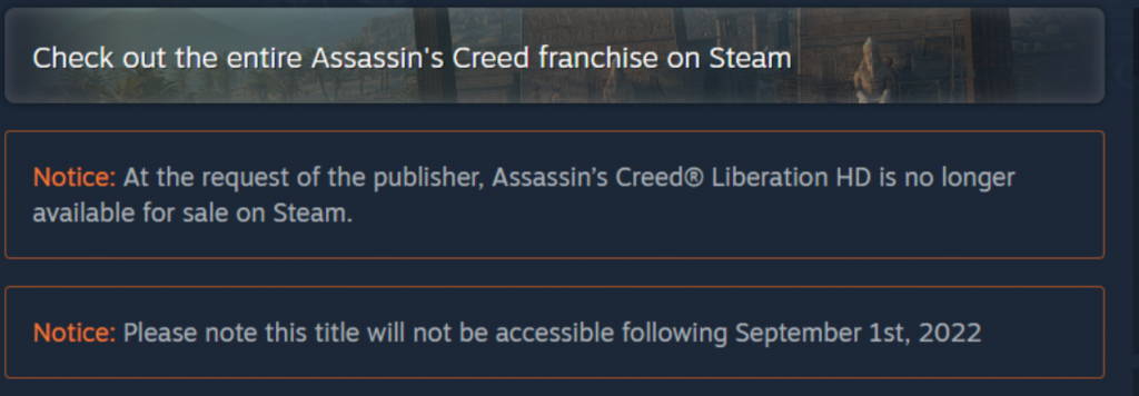 Notice on Ubisoft Assassins Creed Liberation will soon be inaccessible